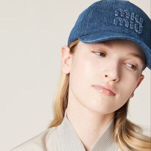 Brand New Miu Miu logo-embroidered denim baseball cap with bag